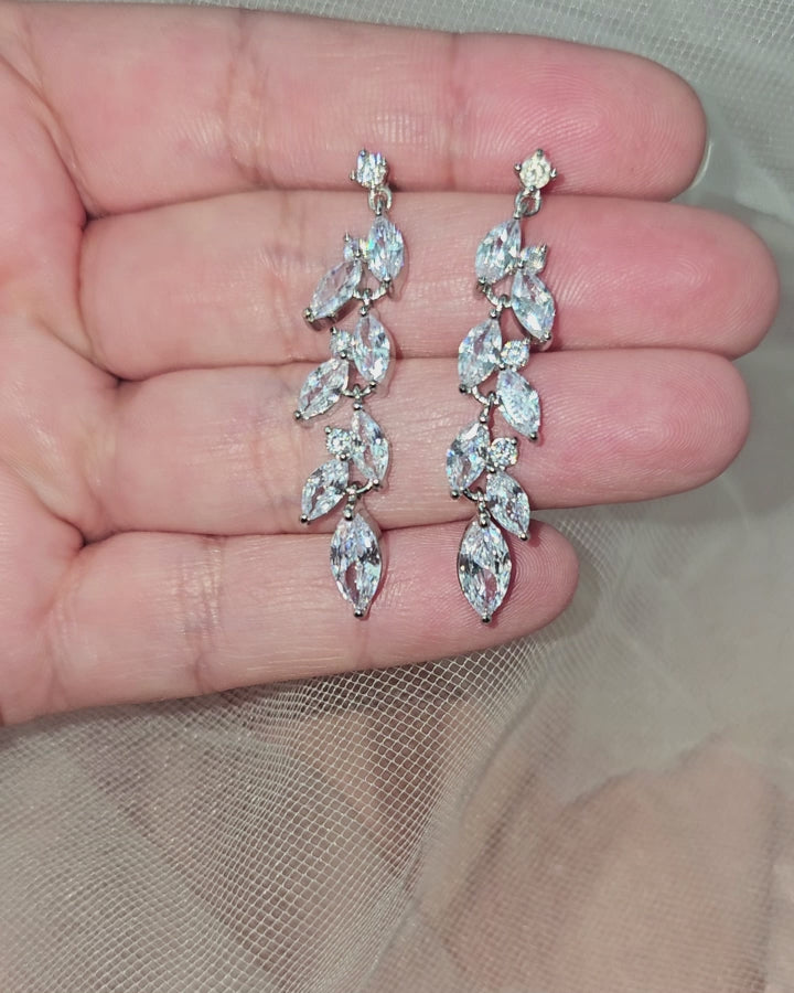 Silver wedding bridal earrings of marquise vine drops from Cassandra Lynne
