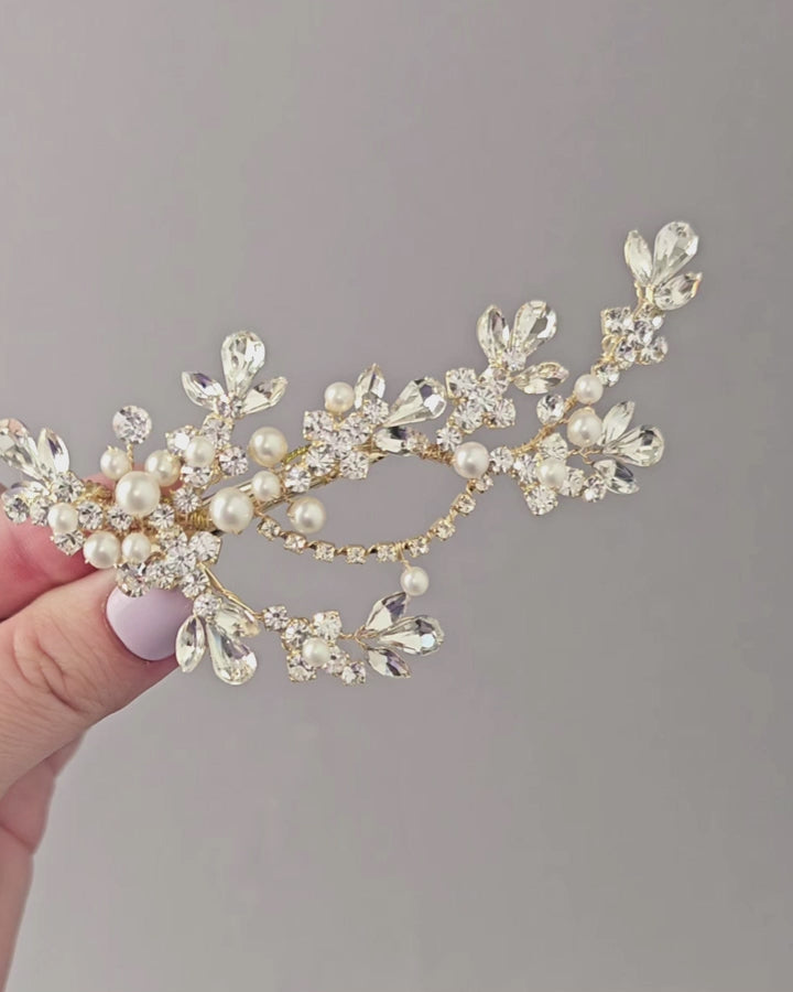 Gold Bridal Hair Clip with Ivory Matte Pearls and Beautiful Rhinestone Crystals for the Bride- Cassandra Lynne