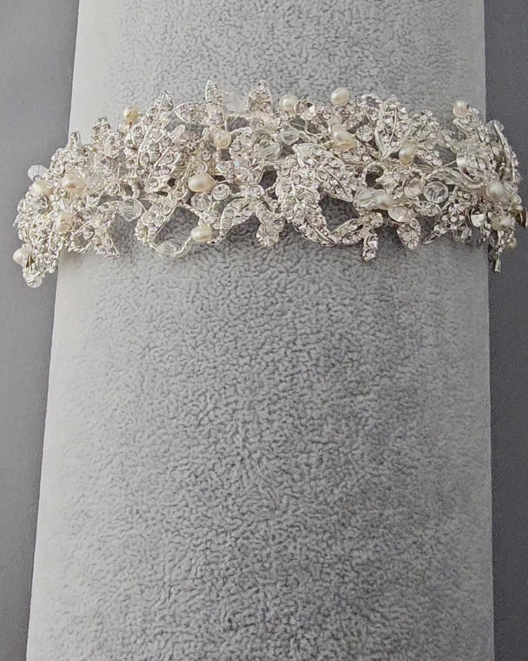 Bridal tiara in Silver with Crystal Leaves and Freshwater Pearls