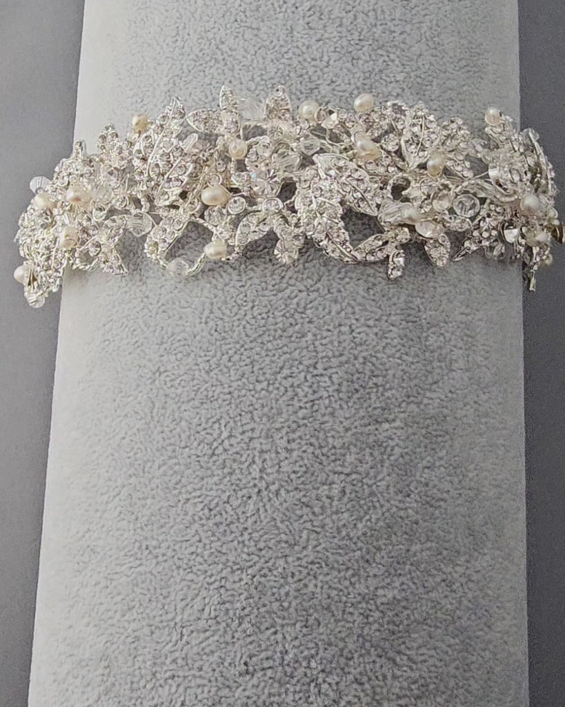 Bridal tiara in Silver with Crystal Leaves and Freshwater Pearls