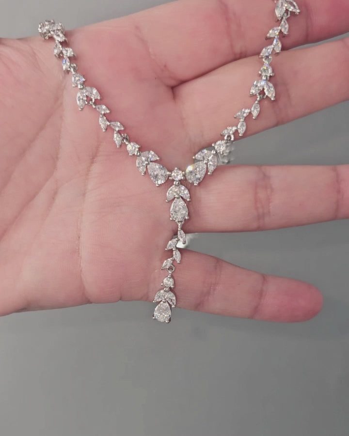 Pear and Marquise vine Y Style Bridal fashion Necklace Silver - Cassandra Lynne