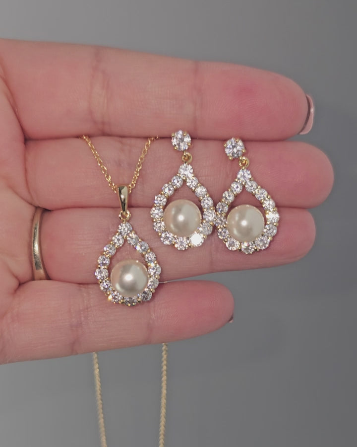 Pearl Drops CZ Pendant and Earrings Bridal Jewelry - Cassandra Lynne