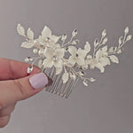 Porcelain Flowers and Silver Leaves Bridal Hair Comb in Silver or Gold- Cassandra Lynne