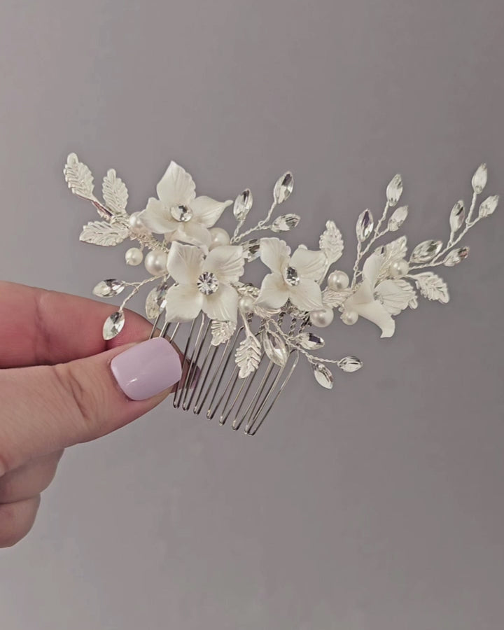Porcelain Flowers and Silver Leaves Bridal Hair Comb in Silver or Gold- Cassandra Lynne