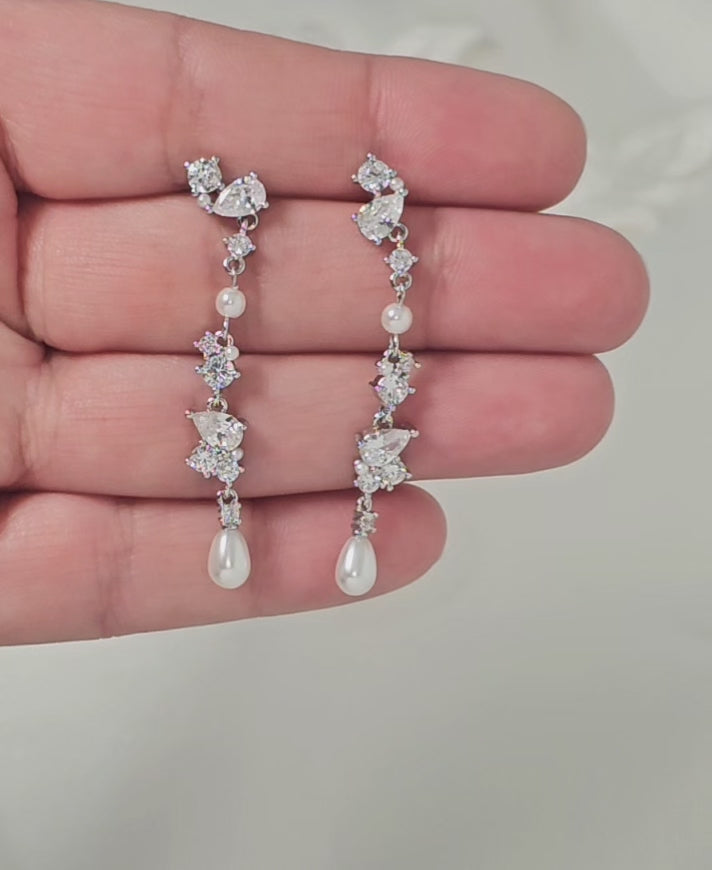 Delicate CZ and Pearl Dangle Earrings
