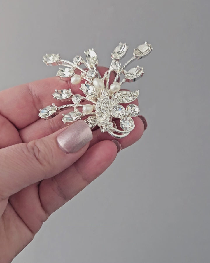 Silver Freshwater Pearl Small Wedding Clip Bride hair Clip Rhinestone Antique Silver Wedding Accessories - Cassandra Lynne