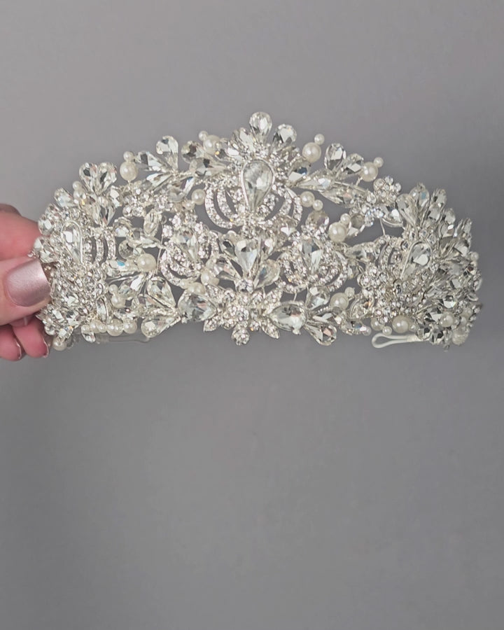 Royal Wedding Tiara with pearls and Pear Cut Stones for the bride Bridal Headpiece Silver- Cassandra Lynne