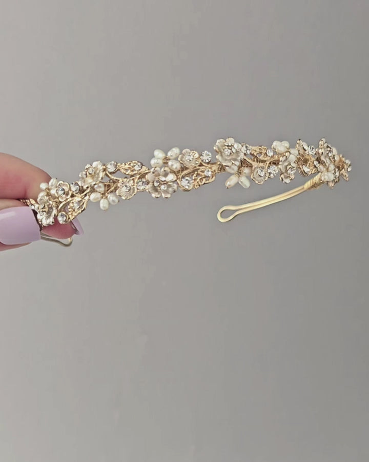 Gold Wedding Headband with Cultured Pearls and Crystals Headpieces