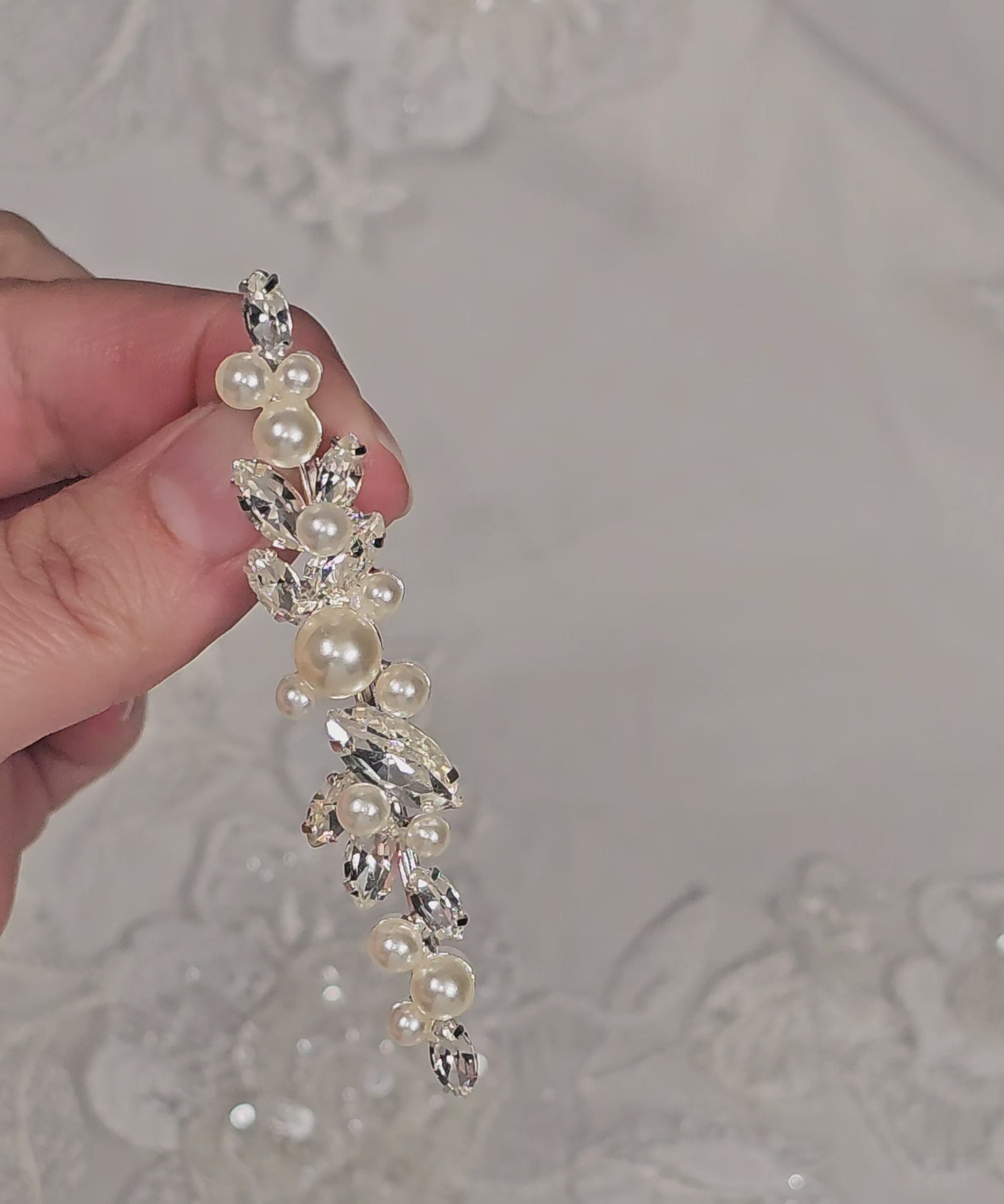 silver hair slide with ivory pearls and marquise rhinestones