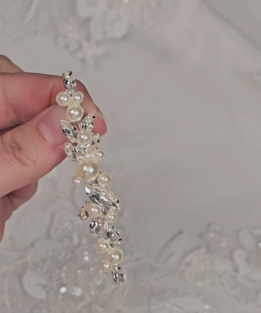 silver hair slide with ivory pearls and marquise rhinestones