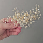 Floral Inspired Pearl Bridal Comb in Gold - Cassandra Lynne
