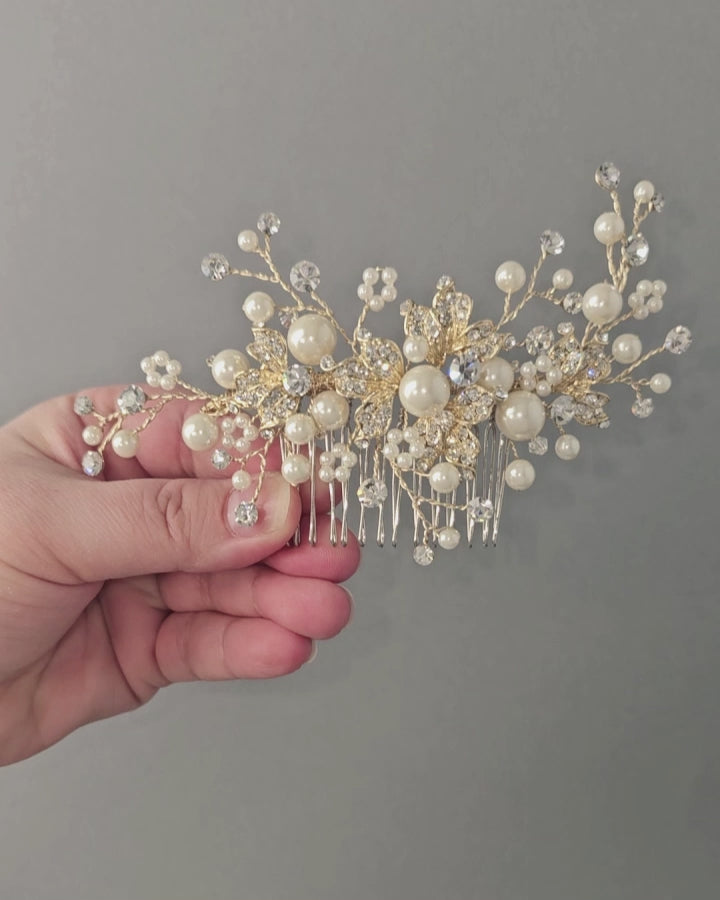 Floral Inspired Pearl Bridal Comb in Gold - Cassandra Lynne