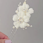 Organza Bridal Hair Pin with pearls and Rhinestone Crystal Ivory Fabric and Pearls in Silver Wedding Accessories- Cassandra Lynne
