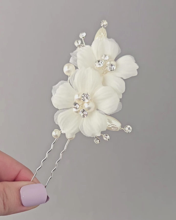 Organza Bridal Hair Pin with pearls and Rhinestone Crystal Ivory Fabric and Pearls in Silver Wedding Accessories- Cassandra Lynne