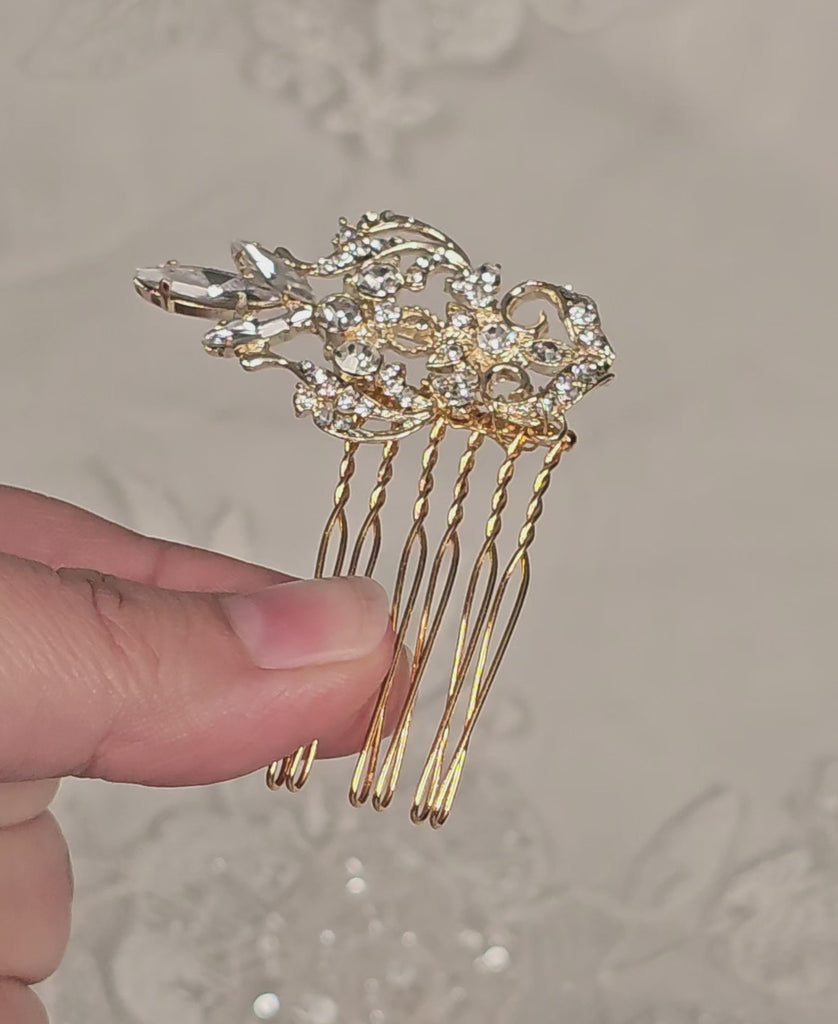 small gold filigree wedding hair comb with crystals