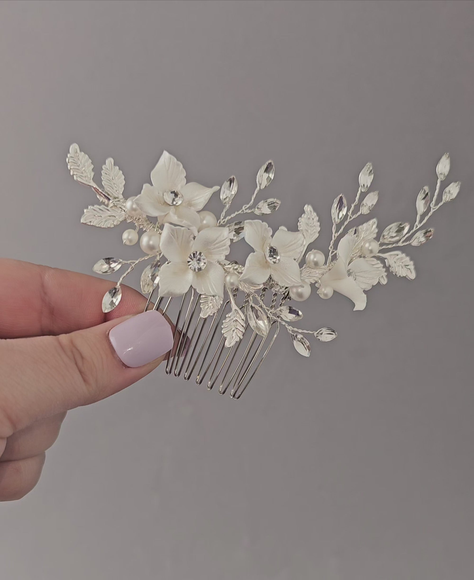 Leafy Bridal Hair Comb with Porcelain Flowers