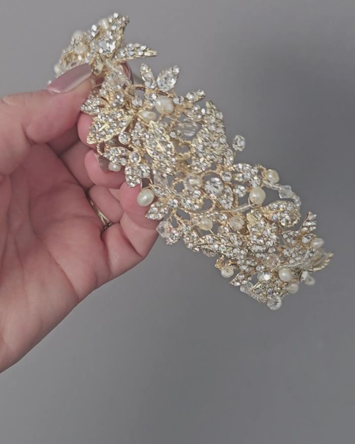 Royal Wedding Tiara Headband in Gold with pearls and Pear Cut Stones for the bride Bridal Headpiece Silver- Cassandra Lynne