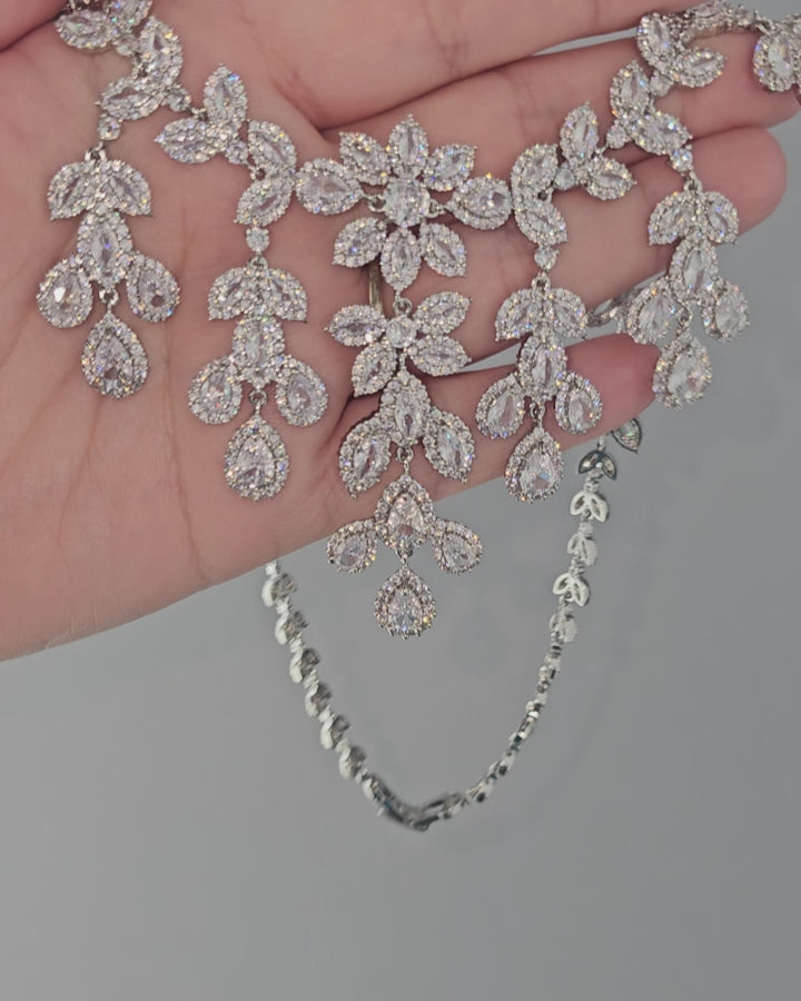 CZ Chandelier Glam Necklace and Earrings Silver Wedding Jewelry - Cassandra Lynne