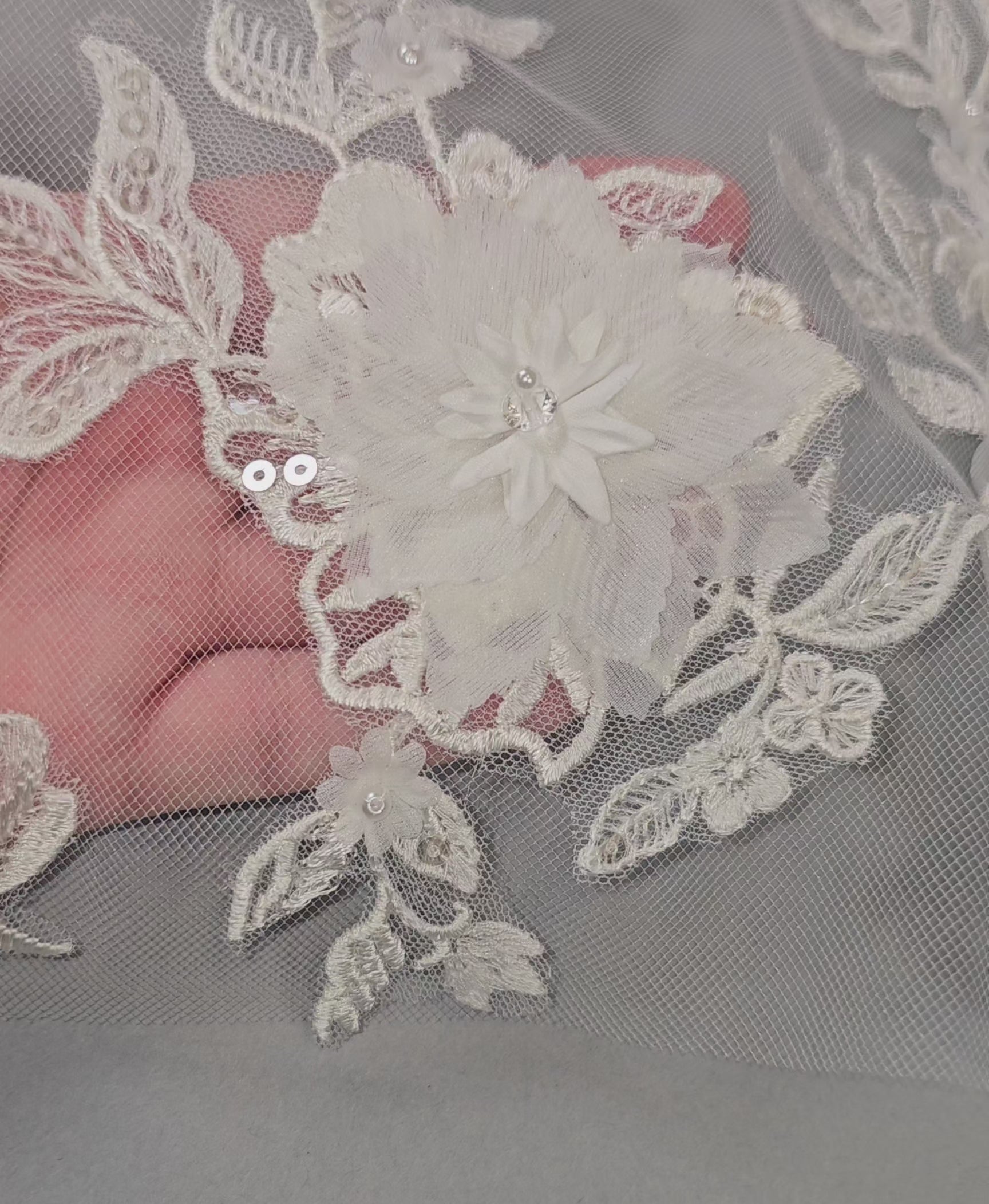 Bridal Veil With Layered Organza and Lace ivory Flowers and Beads Detail