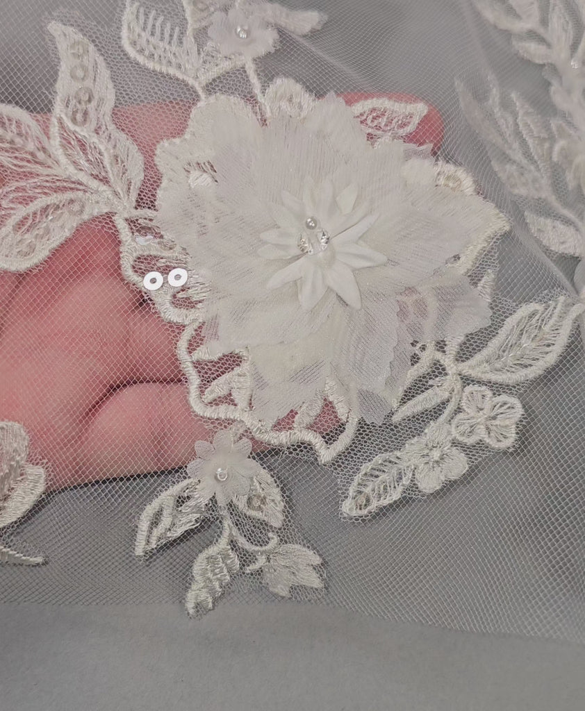 Bridal Veil With Layered Organza and Lace ivory Flowers and Beads Detail