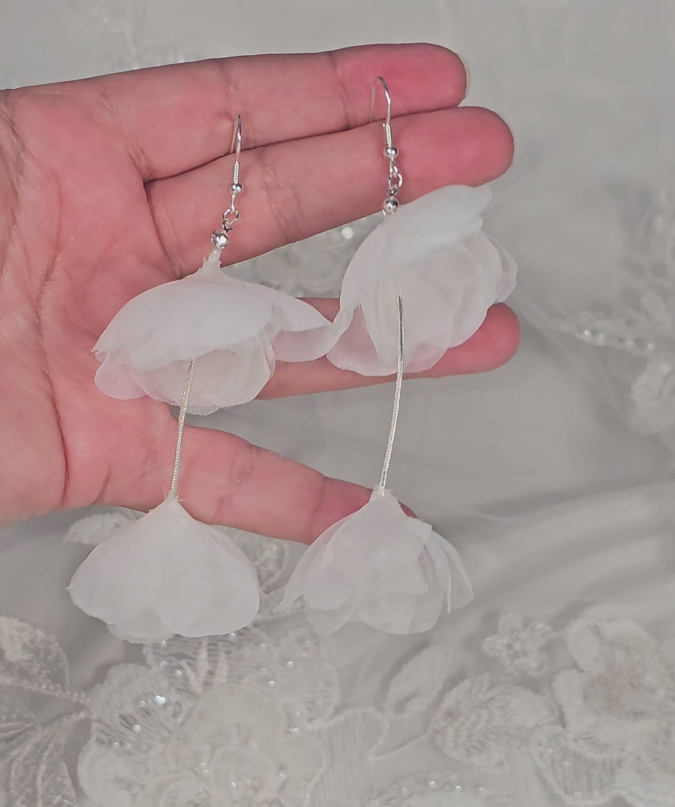 light ivory organza flower dangle earrings