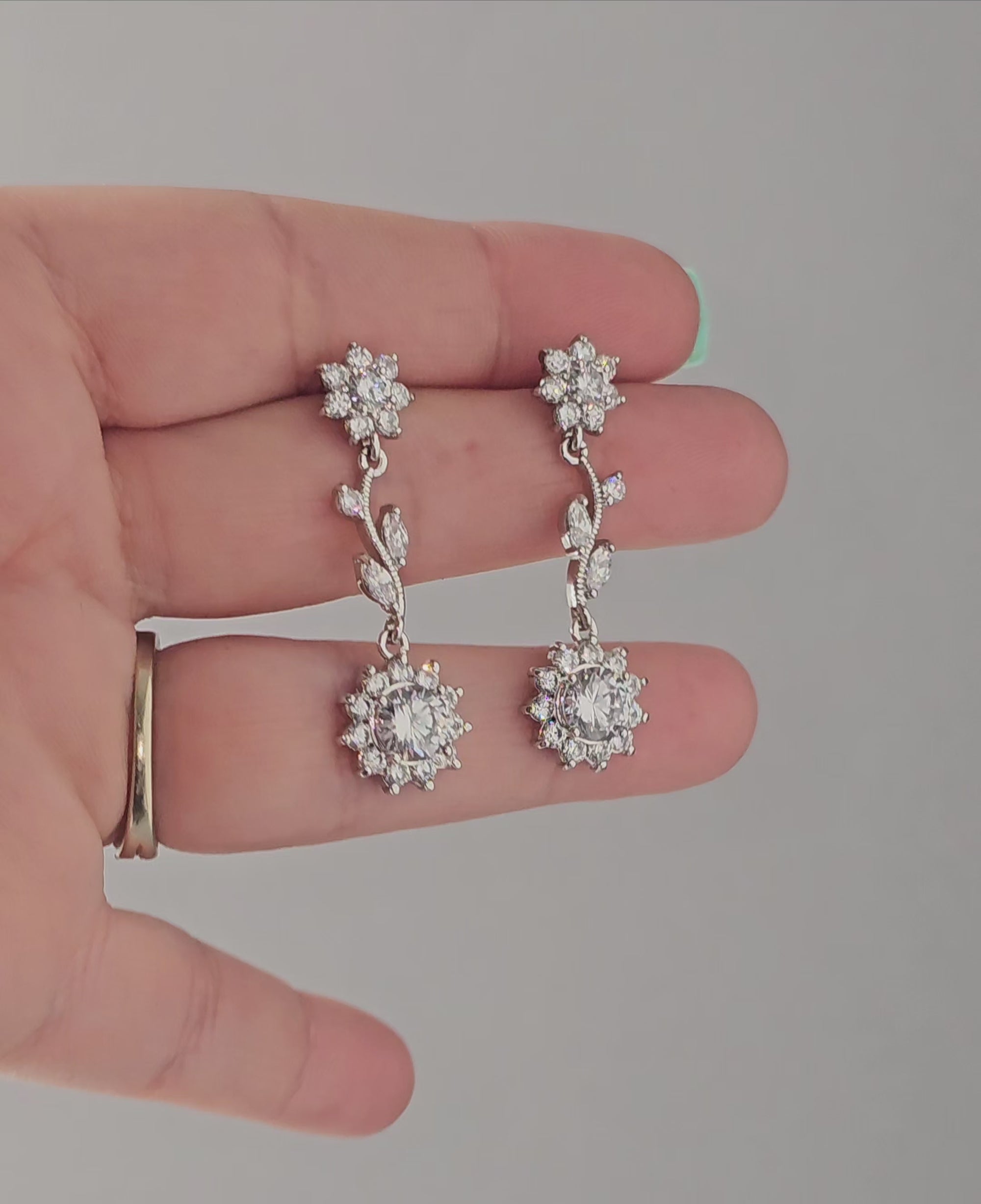 CZ Flower Dangle Earrings Silver