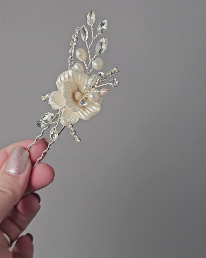 wedding hair Accessories Bridal Hair Pin Porcelain Flower Pearls - Cassandra Lynne