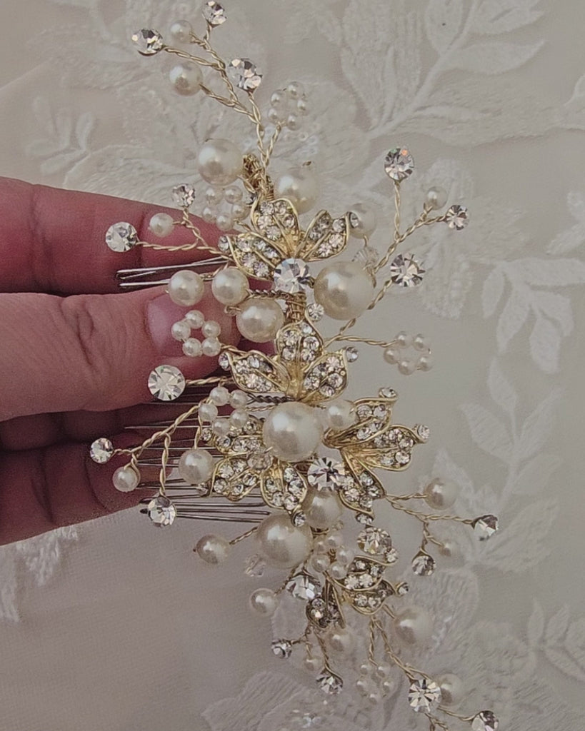 Gold pearl wedding hair comb- Cassandra Lynne