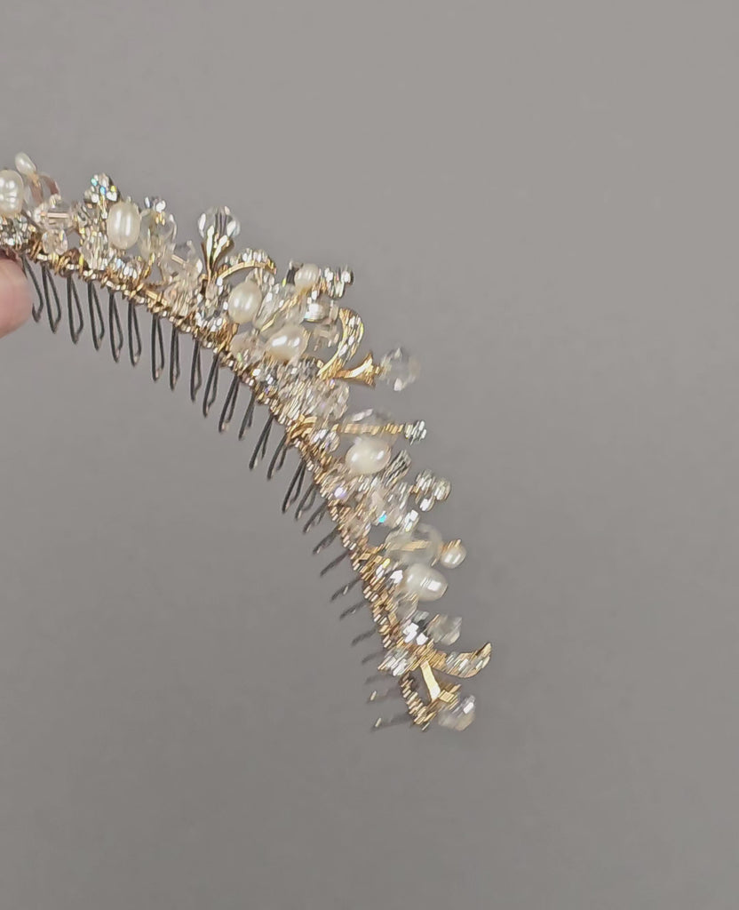 Gold Tiara Comb with crystal beads and freshwater pearls