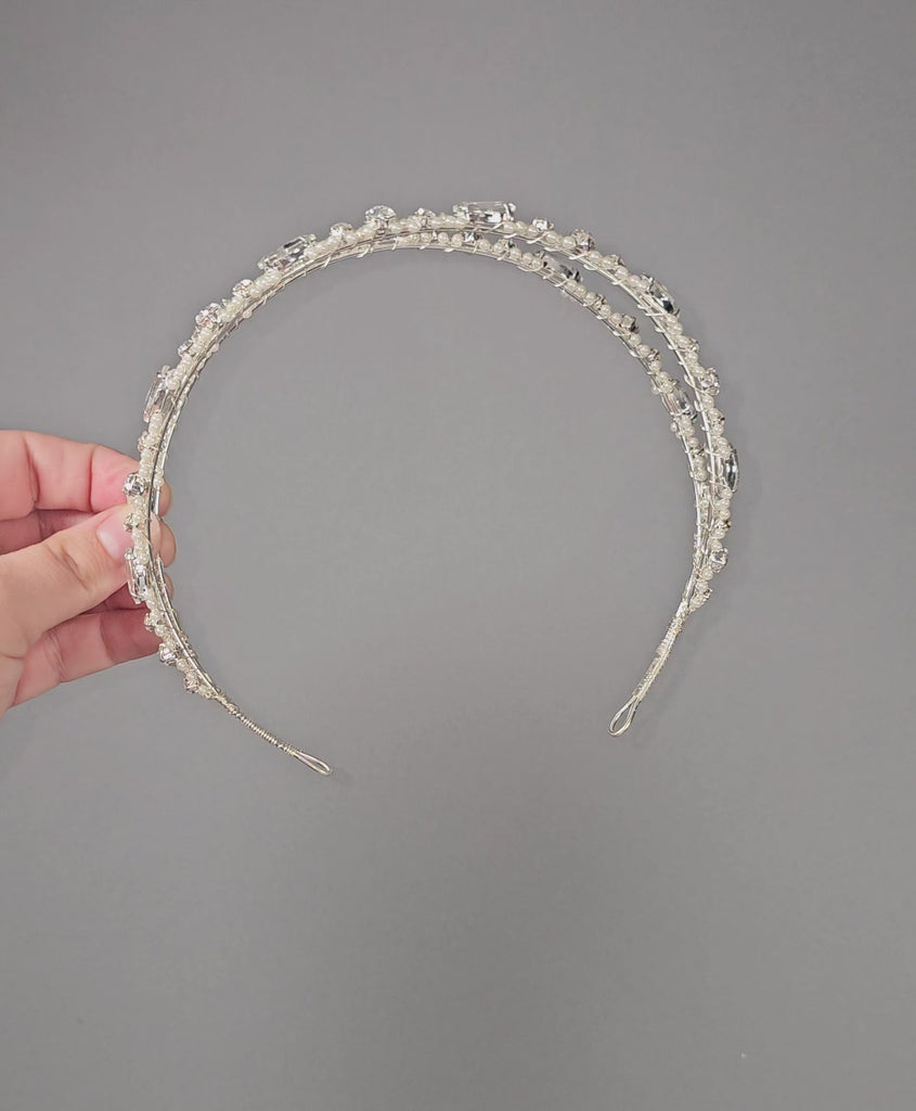 silver double band wedding tiara with marquise rhinestones and seed pearls