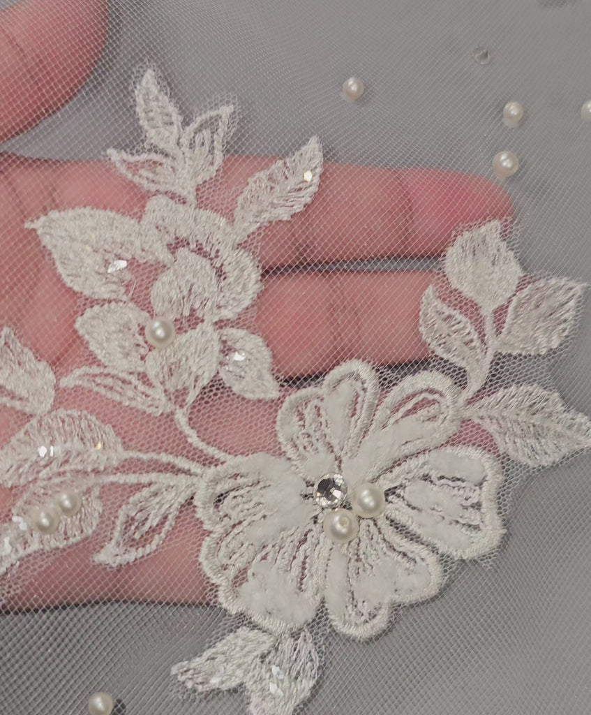 Cathedral Veil With Scattered Lace Pearls and Rhinestones Detail