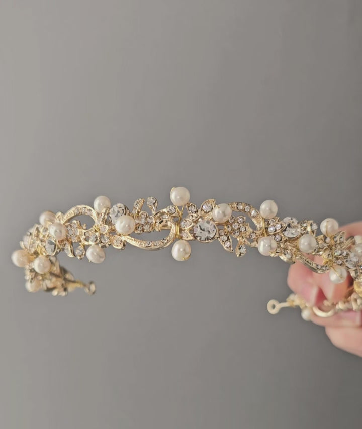 Gold Scrolls Wedding Headband with Pearls