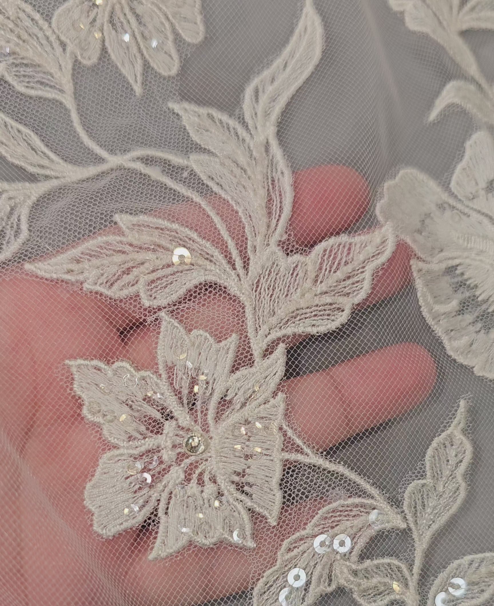 Lace beaded Waltz Length Wedding Veil in Ivory Detail