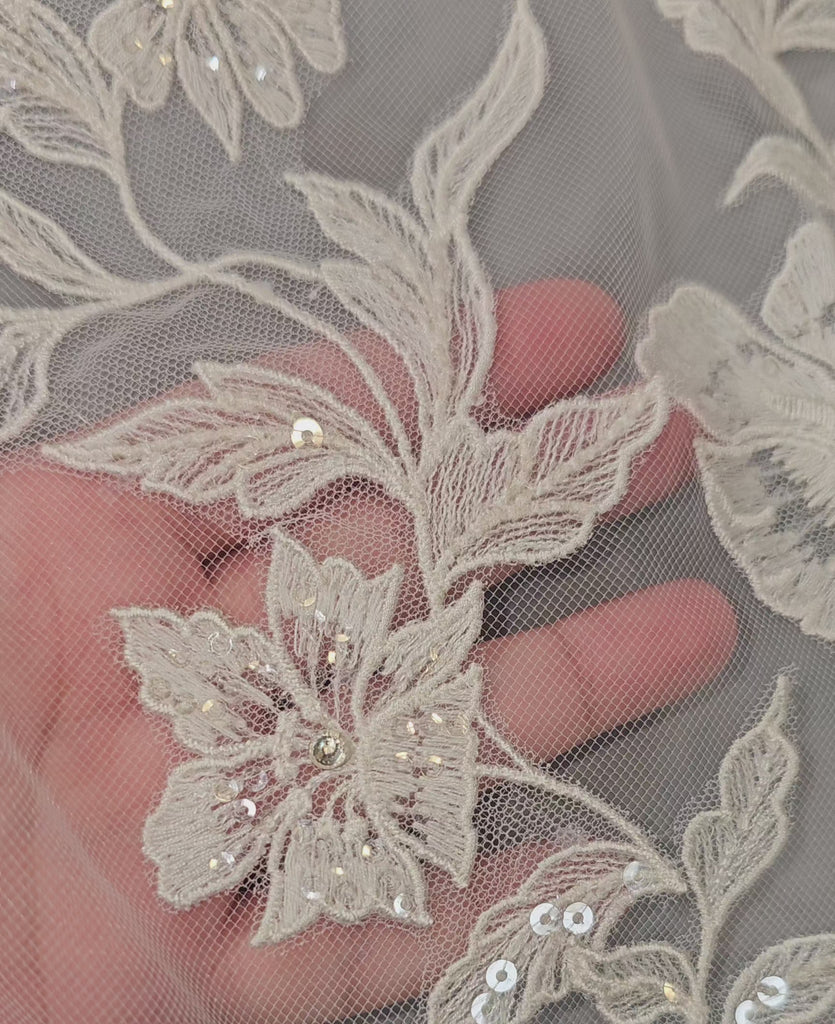Lace beaded Waltz Length Wedding Veil in Ivory Detail