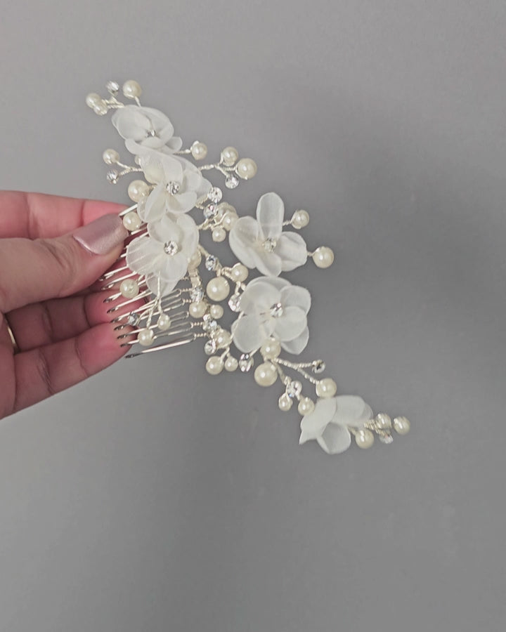 Silver organza Flower Bride hair Comb - Cassandra Lynne