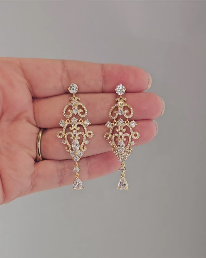 Bridal Earrings Scrolling Chandelier Earrings in silver or gold- Cassandra Lynne