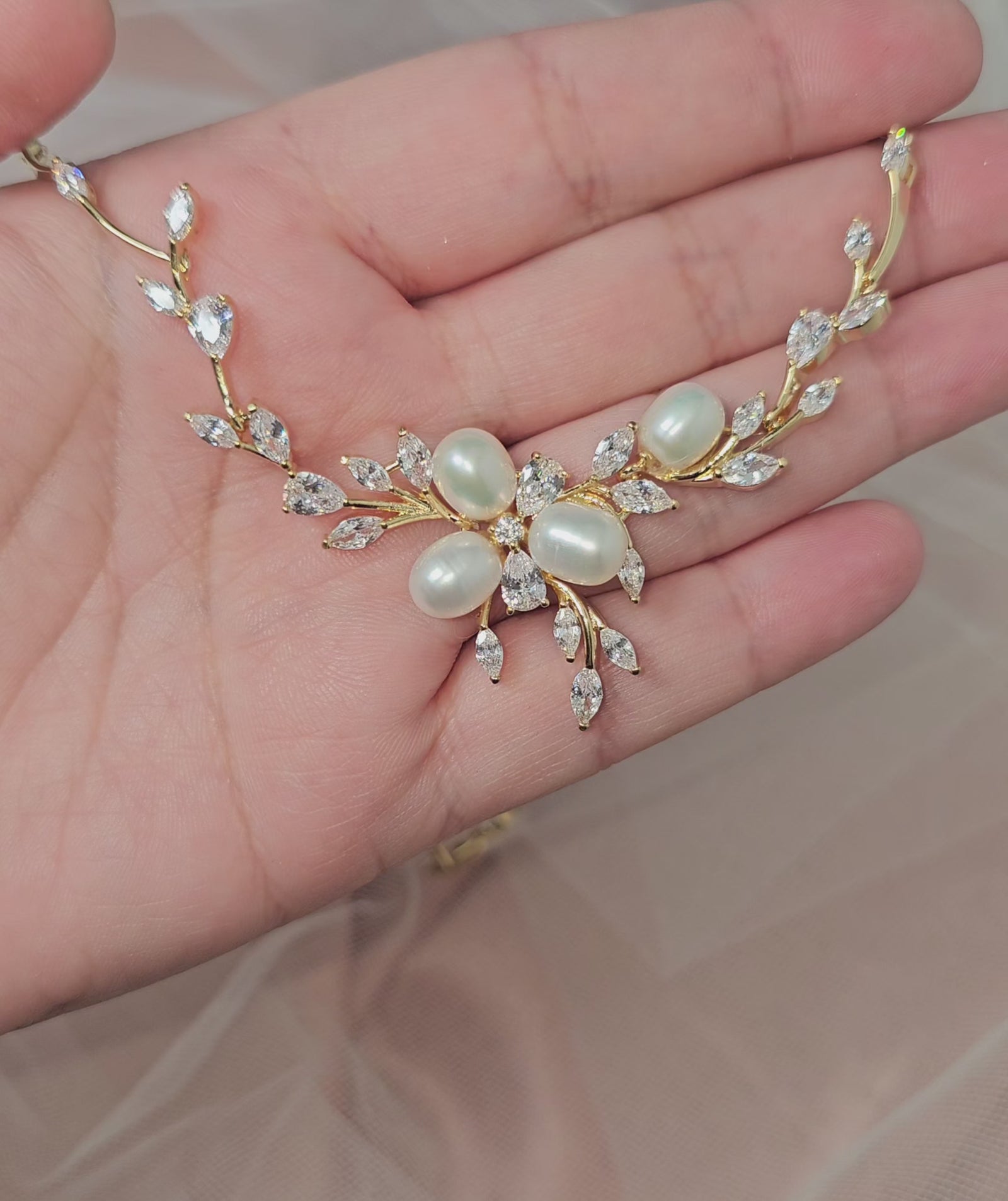 Bridal Jewelry Necklace Set with Pearl Flower and CZ