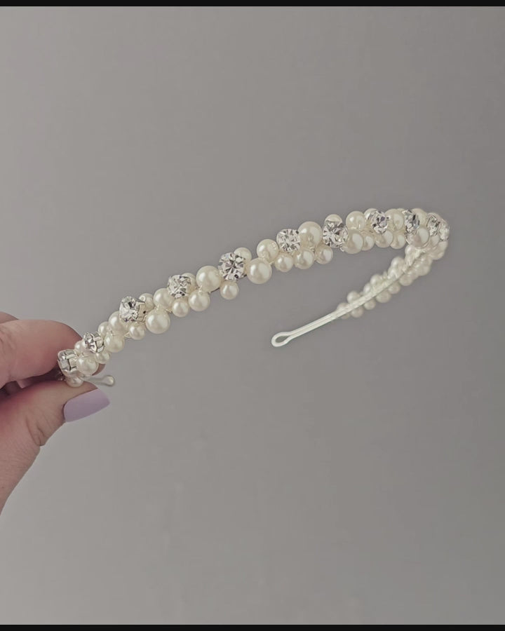 Pearls and rhinestones silver wedding headband headpiece -  Cassandra Lynne