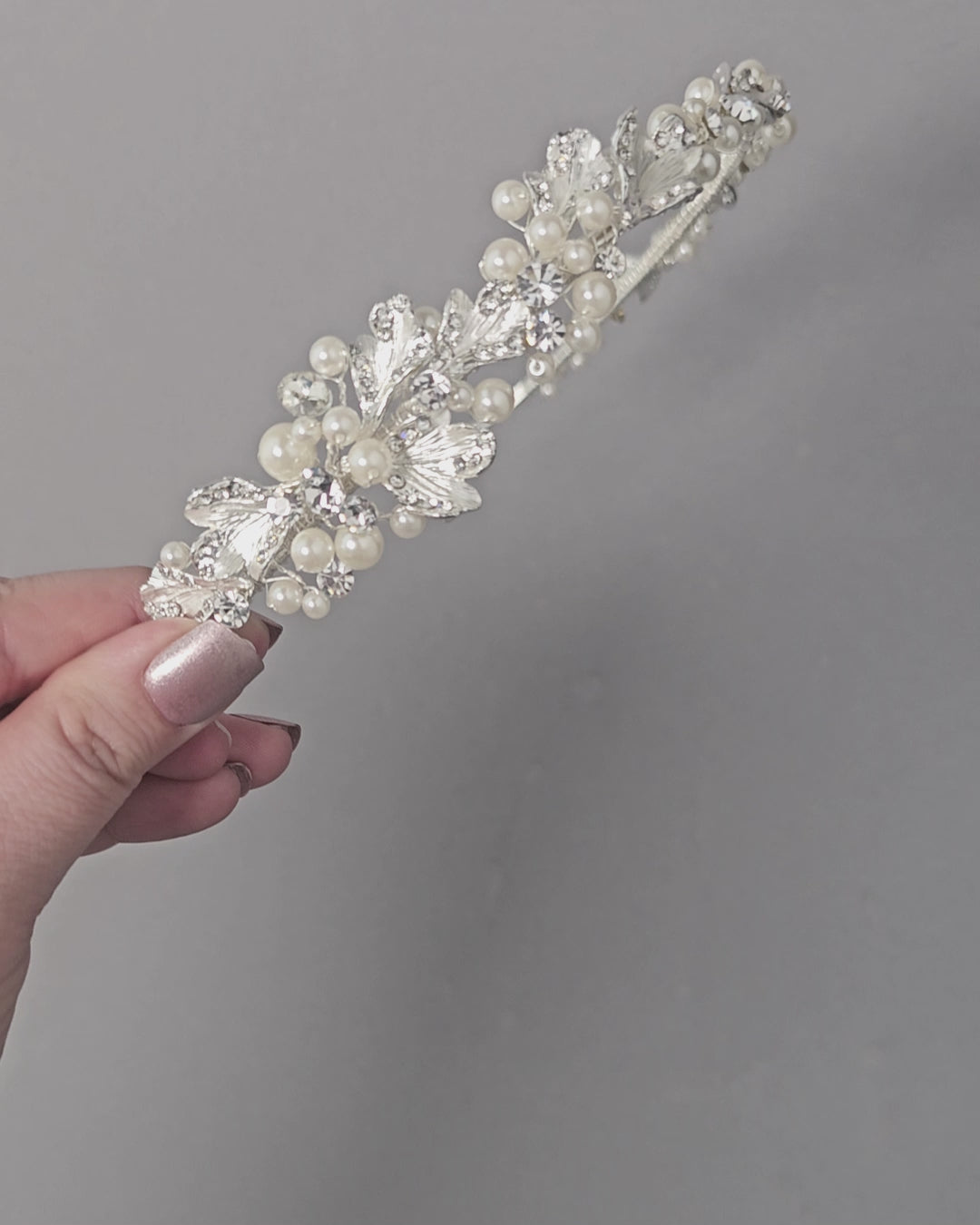 Side Accent Bridal Headband with Silver Leaves