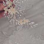 bridal hair clip in silver with porcelain flowers and crystal stones