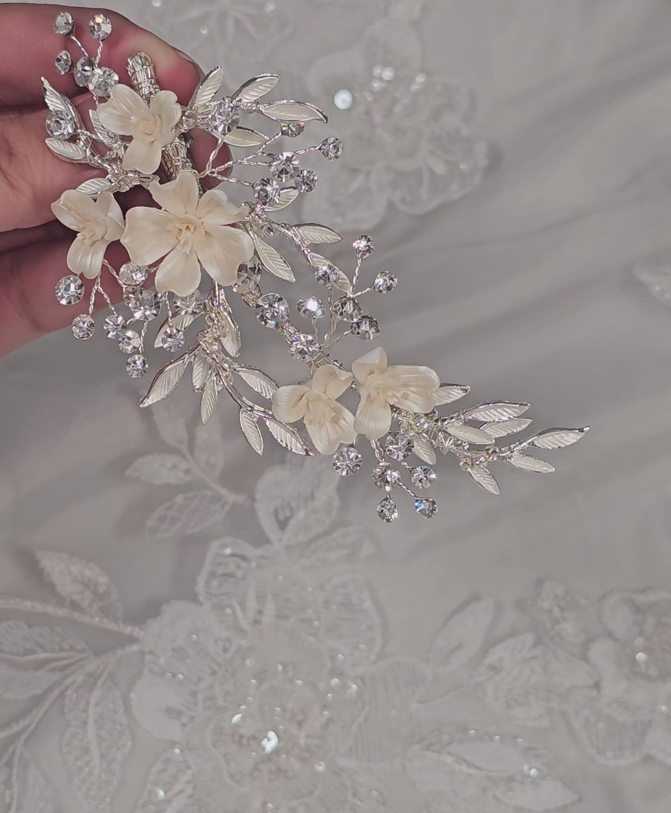 bridal hair clip in silver with porcelain flowers and crystal stones