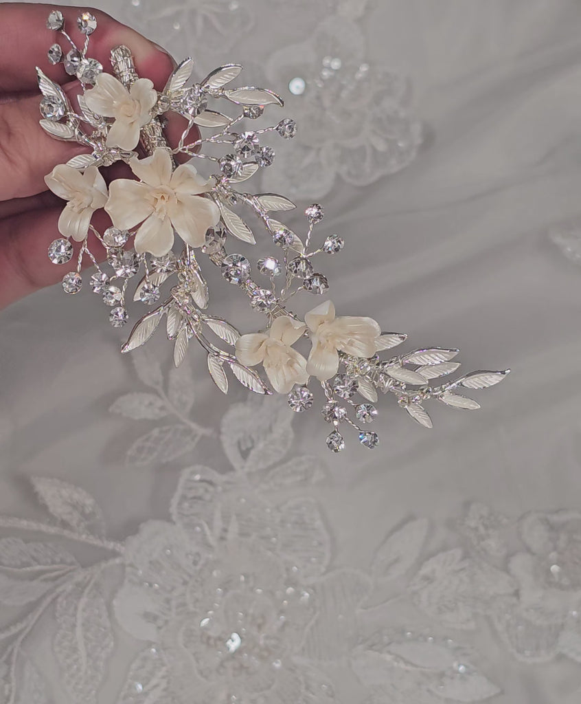bridal hair clip in silver with porcelain flowers and crystal stones