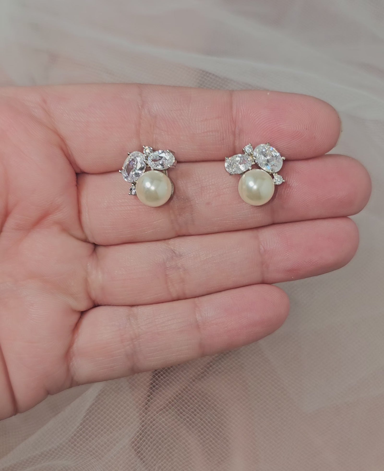 Pearl Stud Earrings with Oval CZ