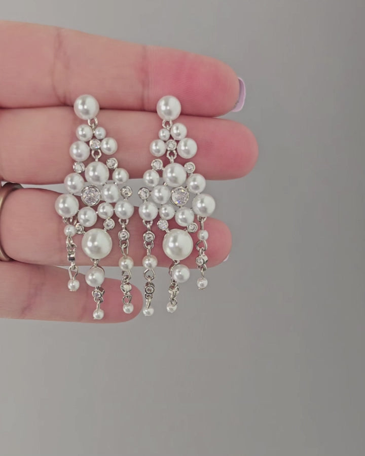 Pearl Wedding Chandelier Earrings for the Bride Bridal Jewelry Silver or Gold- Cassandra Lynne