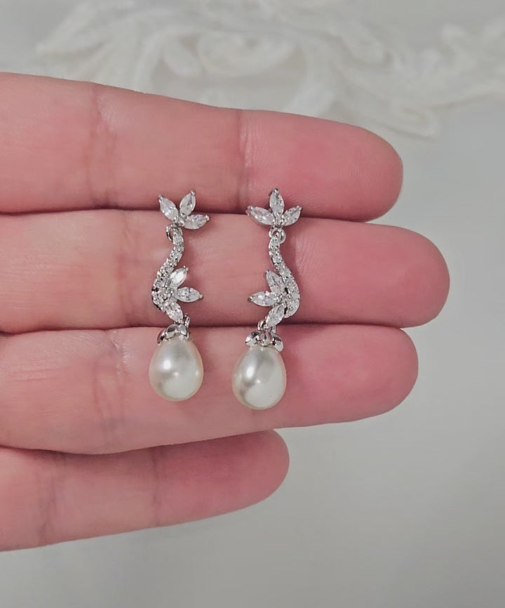 Ivory Teardrop Pearl CZ Vine Earrings