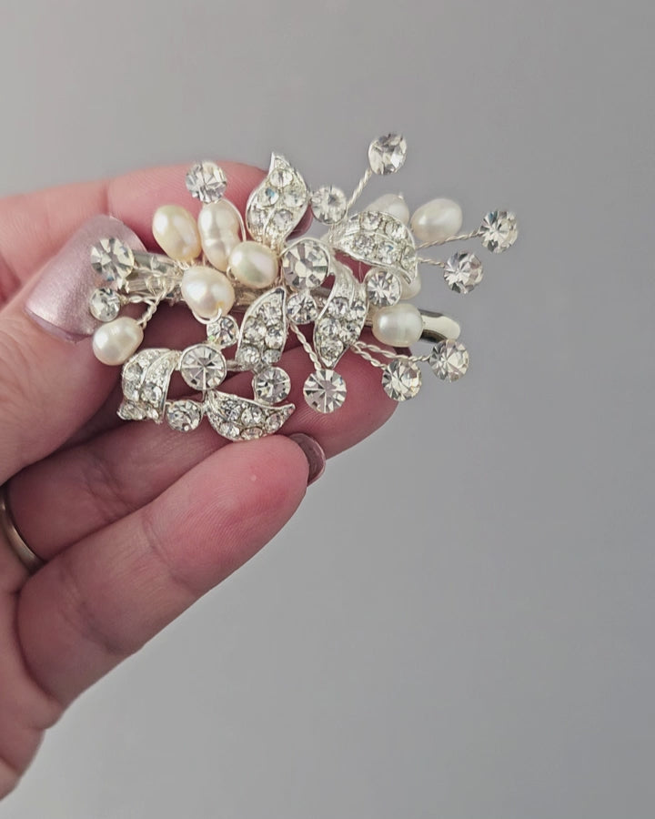 Small Classy Wedding Hair Clip Crystals Freshwater Pearls - Cassandra Lynne