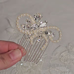 Silver wedding hair comb with ivory pearls and waterdrop rhinestones