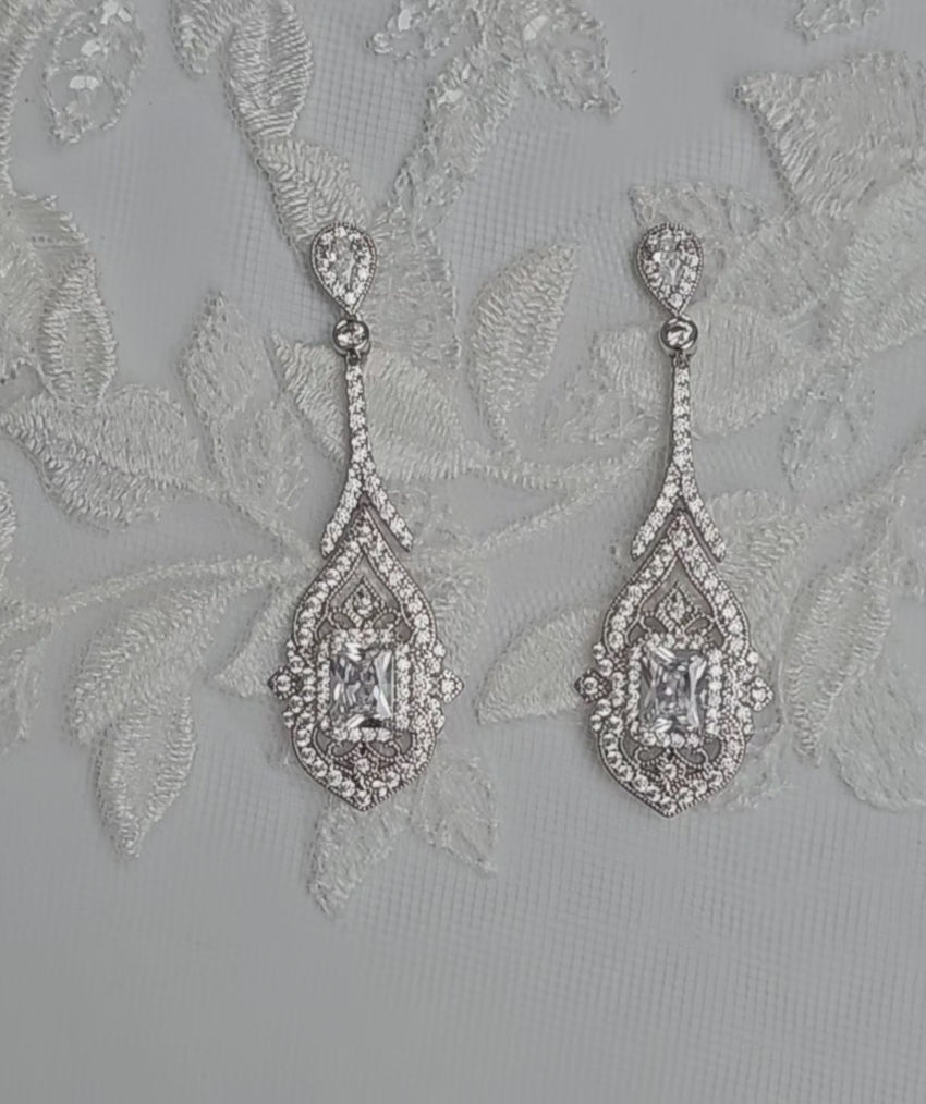 Vintage Styled CZ Earrings for Wedding or Prom Silver or Gold -Cassandra Lynne