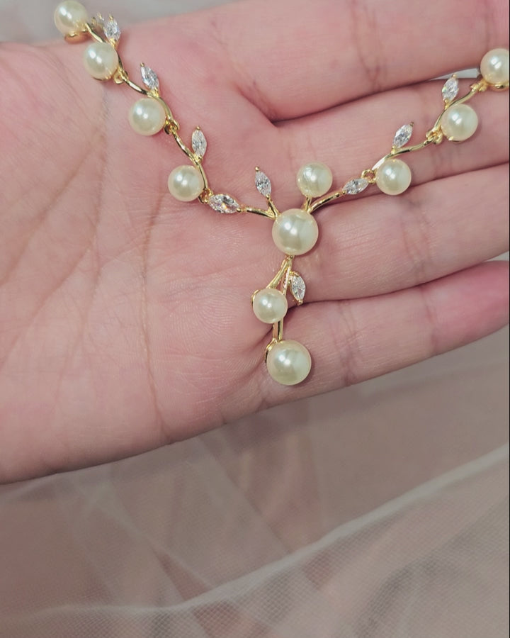 CZ Vine Necklace with Pearls for the bride or special event - Cassandra Lynne