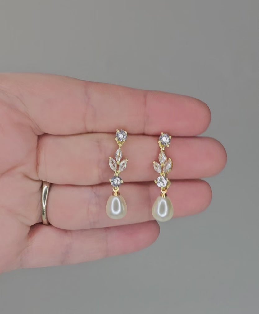 delicate teardrop pearl cz earrings in gold
